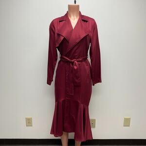 FrenchMauve Womens Wine Long Sleeve Belted Ruffle Hem Work Wrap Trench Coat S